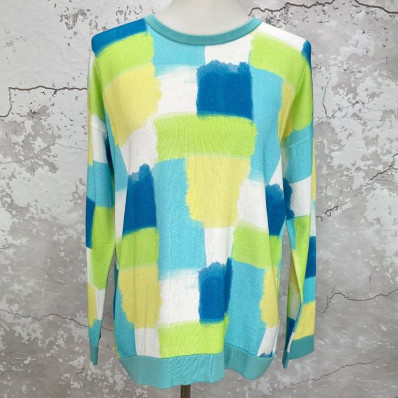 Edinburgh Knitwear Blue Yellow Squares Crewneck Sweater S NWT - Picture 1 of 11